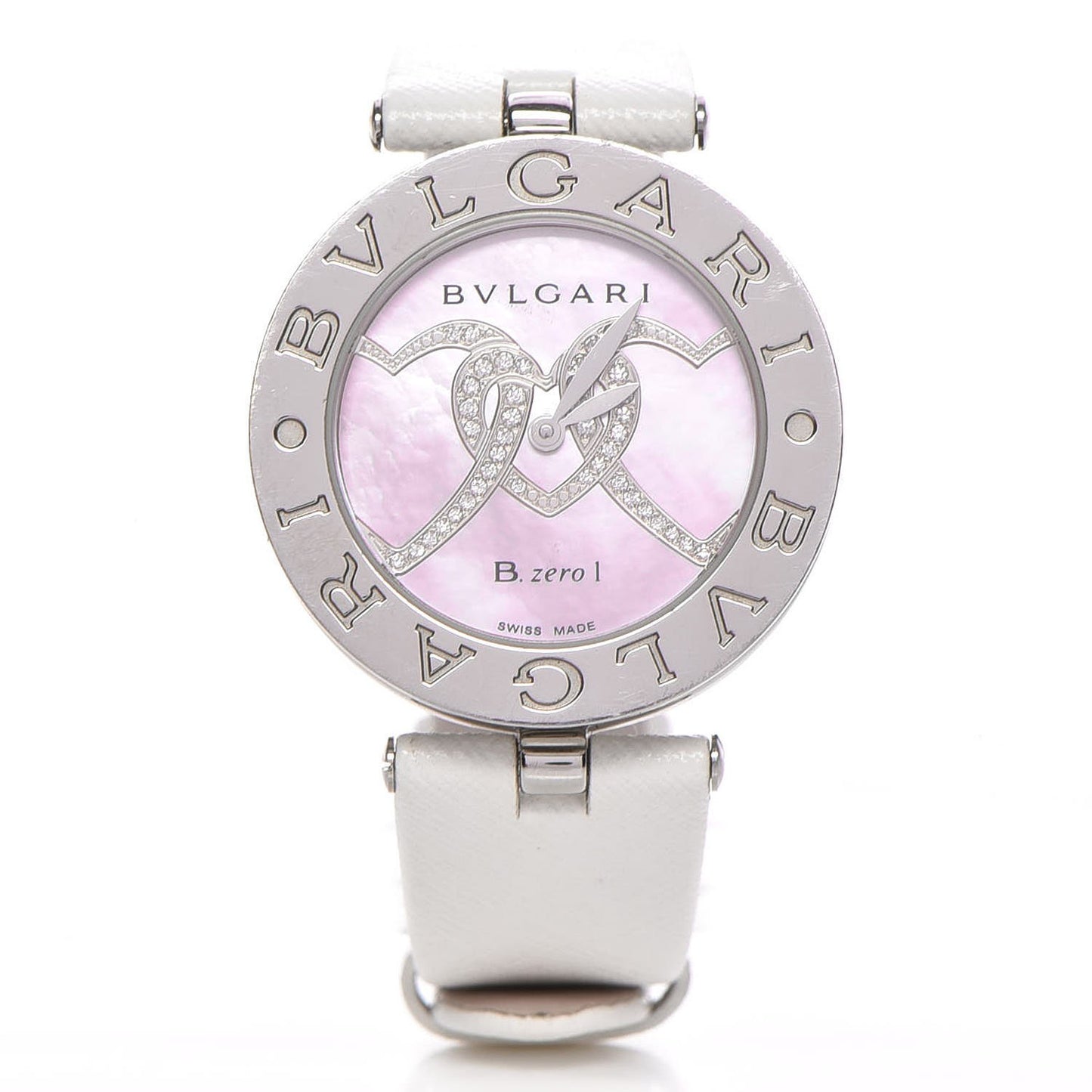 BVLGARI Stainless Steel Calfskin Diamond Pink Mother of Pearl 30mm B.Zero1 Three Hearts Quartz Watch