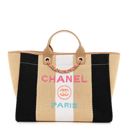 Chanel Straw Raffia Calfskin Striped Medium Deauville Tote Black Beige Ivory 1 of 10