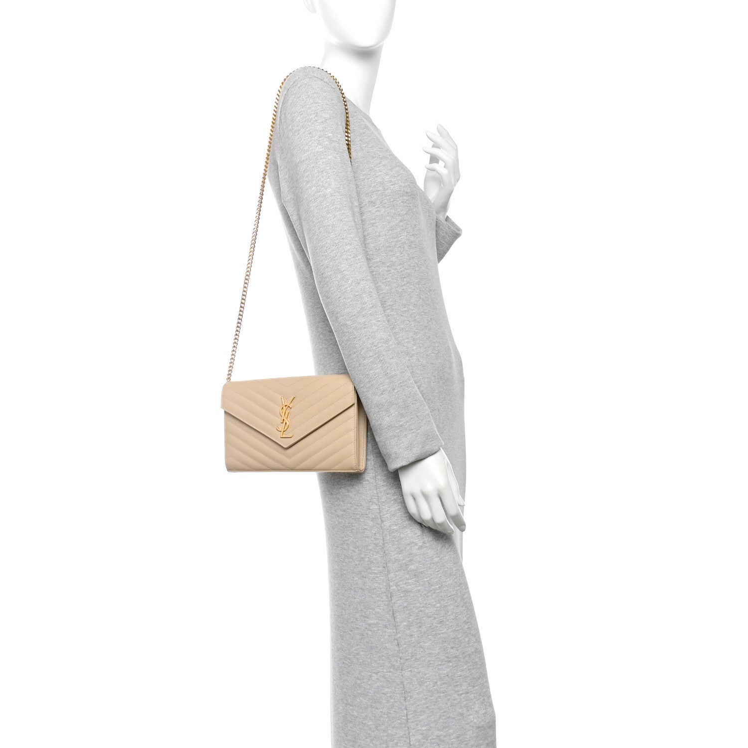 Saint Laurent Grain De Poudre Matelasse Chevron Monogram Chain Wallet Nude Powder 2 of 10
