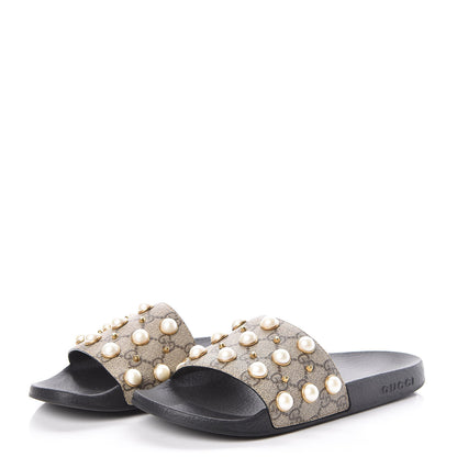 Gucci GG Supreme Monogram Slide Pearls Sandals 39 Beige 3 of 7