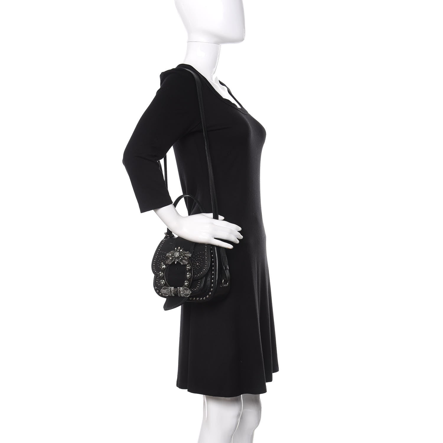 Miu Miu Goatskin Madras Soft Calfskin Crystal Embellished Dahlia Shoulder Bag Black 2 of 12