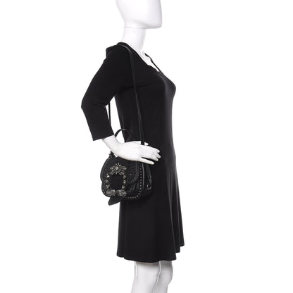 Miu Miu Goatskin Madras Soft Calfskin Crystal Embellished Dahlia Shoulder Bag Black 2 of 12