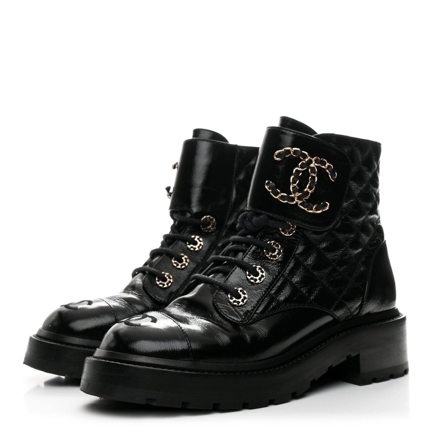 Shiny Calfskin Quilted Lace Up Combat Boots 36 Black