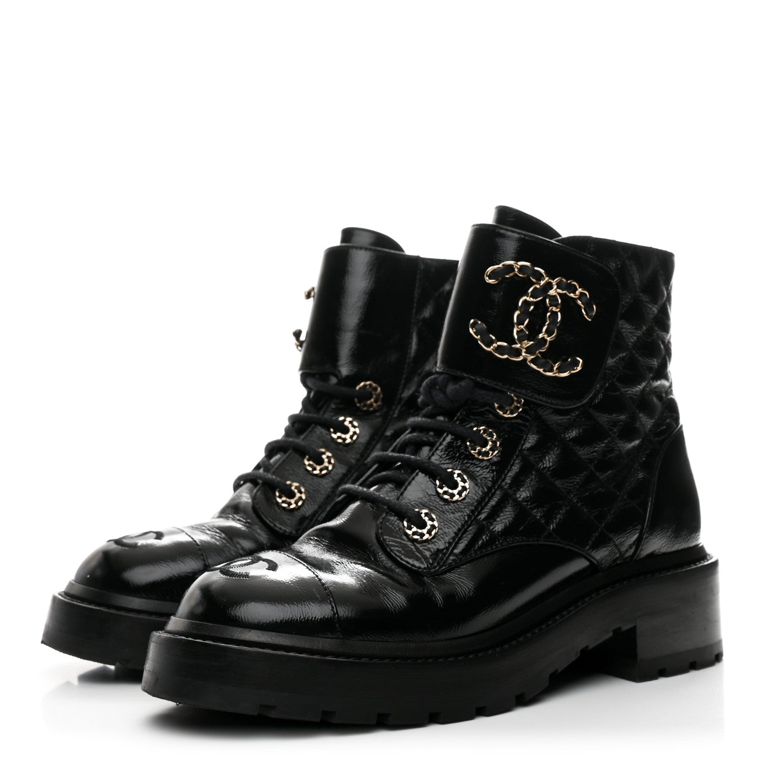 Chanel Shiny Calfskin Quilted Lace Up Combat Boots 36 Black 4 of 9