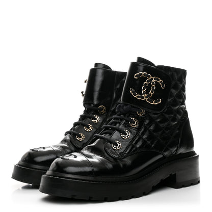 Chanel Shiny Calfskin Quilted Lace Up Combat Boots 36 Black 4 of 9