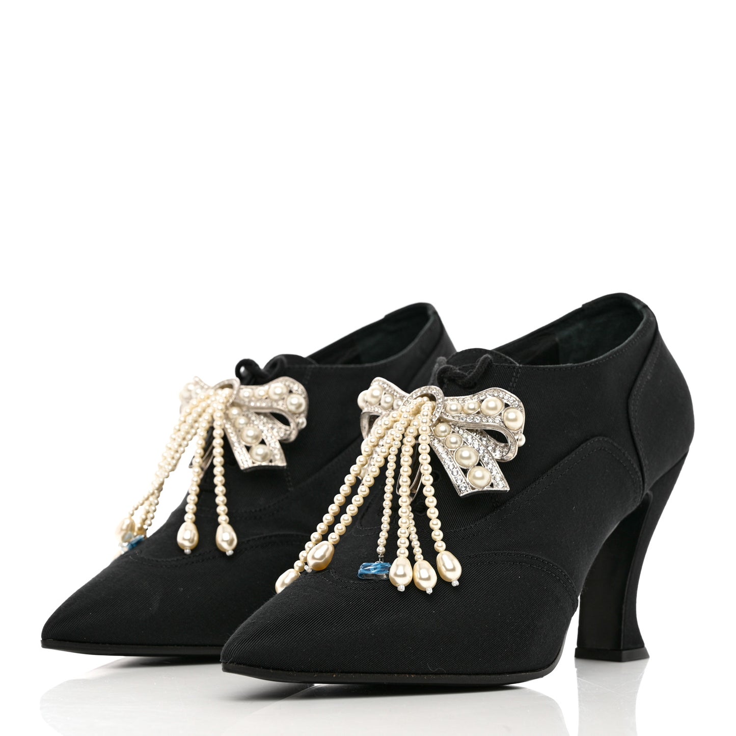 Grosgrain Pearl Crystal Bow CC Oxford Lace Up Booties 38.5 Black