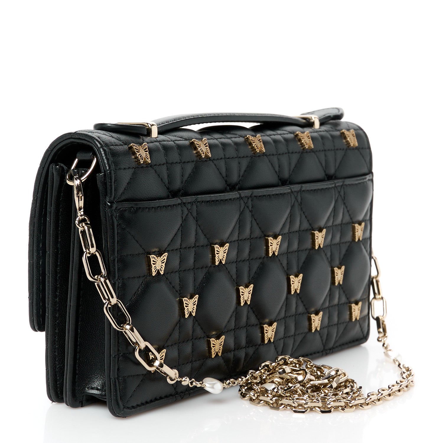 Christian Dior Lambskin Cannage Butterfly Studs Miss Dior Pouch Black 2 of 9