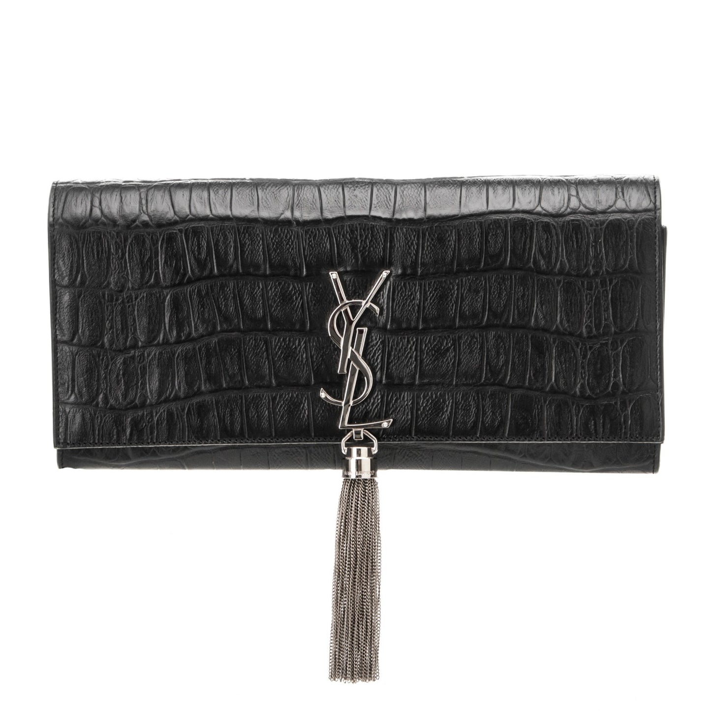 Calfskin Crocodile Embossed Classic Monogram Tassel Clutch Black