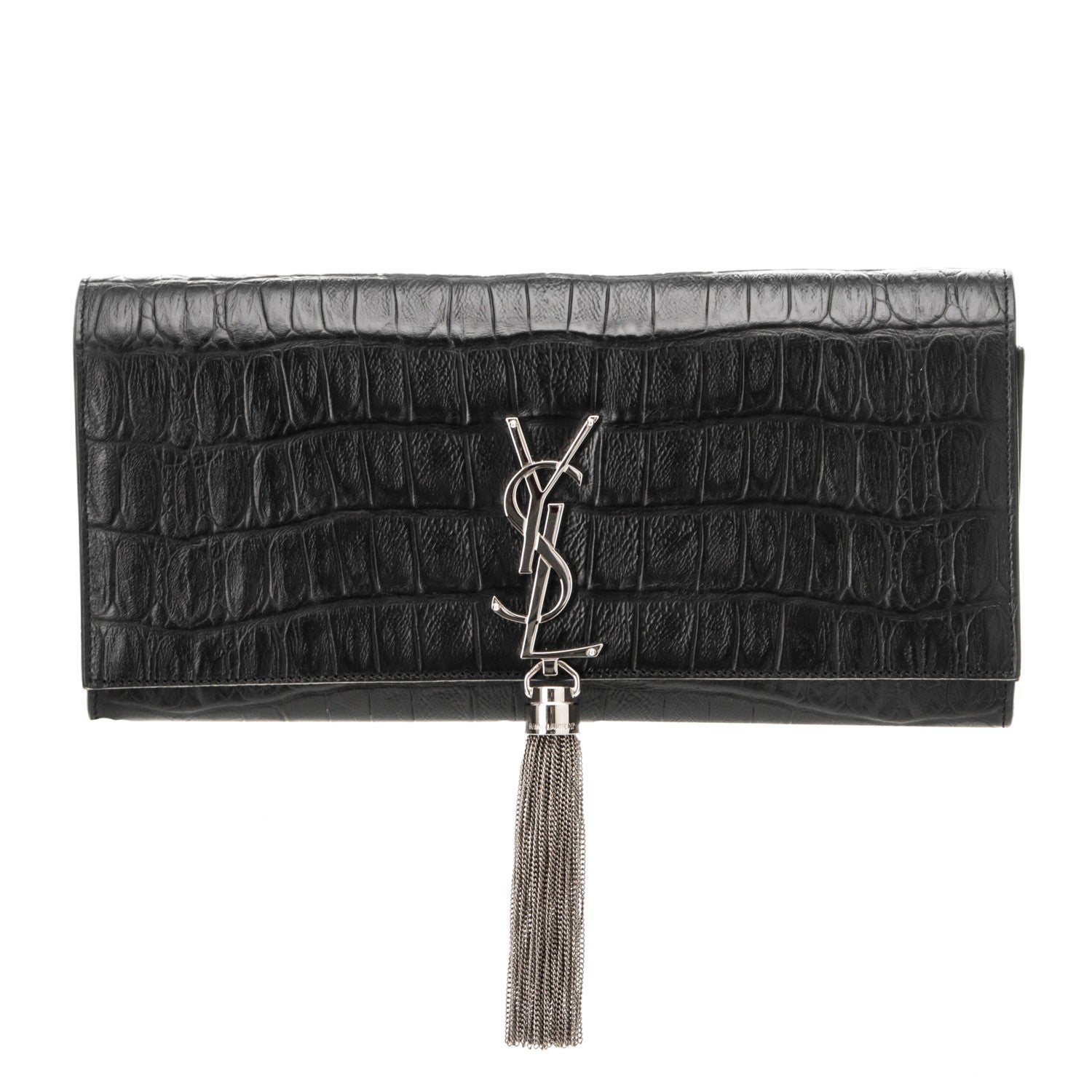 Saint Laurent Calfskin Crocodile Embossed Classic Monogram Tassel Clutch Black 1 of 6