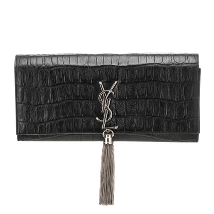 Saint Laurent Calfskin Crocodile Embossed Classic Monogram Tassel Clutch Black 1 of 6