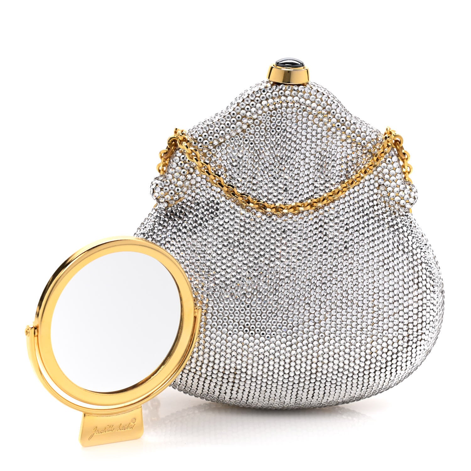 Judith Leiber Swarovski Crystal Chatelaine Minaudiere Clutch Silver Gold 12 of 13