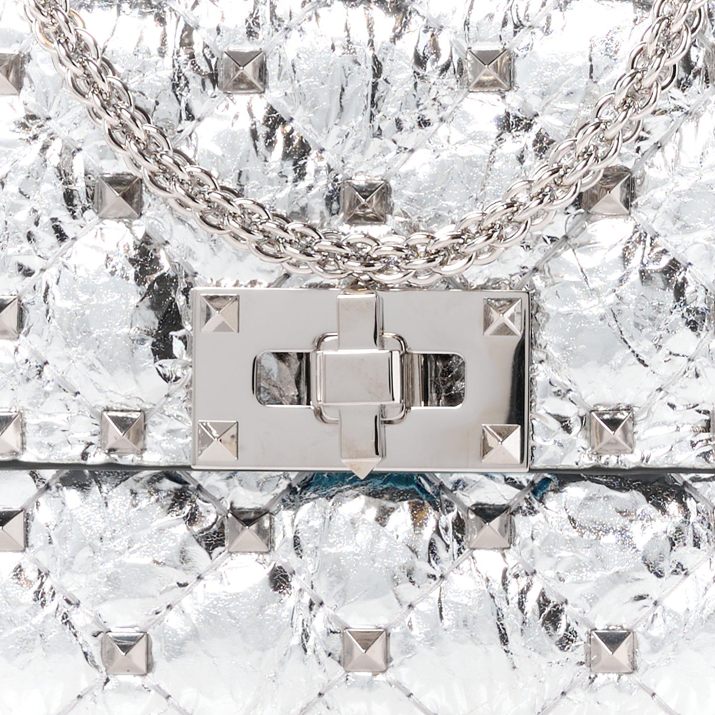 VALENTINO GARAVANI Metallic Wrinkled Lambskin Small Rockstud Spike Shoulder Bag Silver