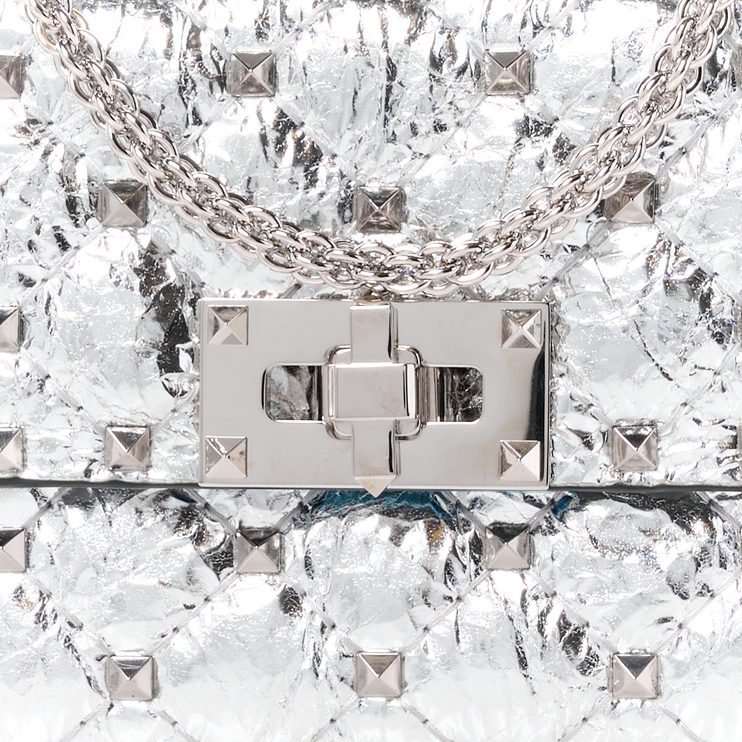 Valentino Garavani VALENTINO GARAVANI Metallic Wrinkled Lambskin Small Rockstud Spike Shoulder Bag Silver 8 of 10