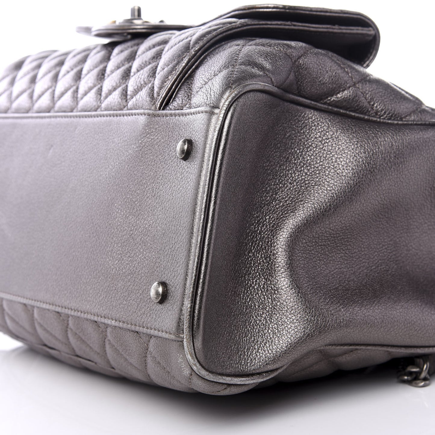 Metallic Grained Calfskin Quilted Large Casual Pocket Tote Silver
