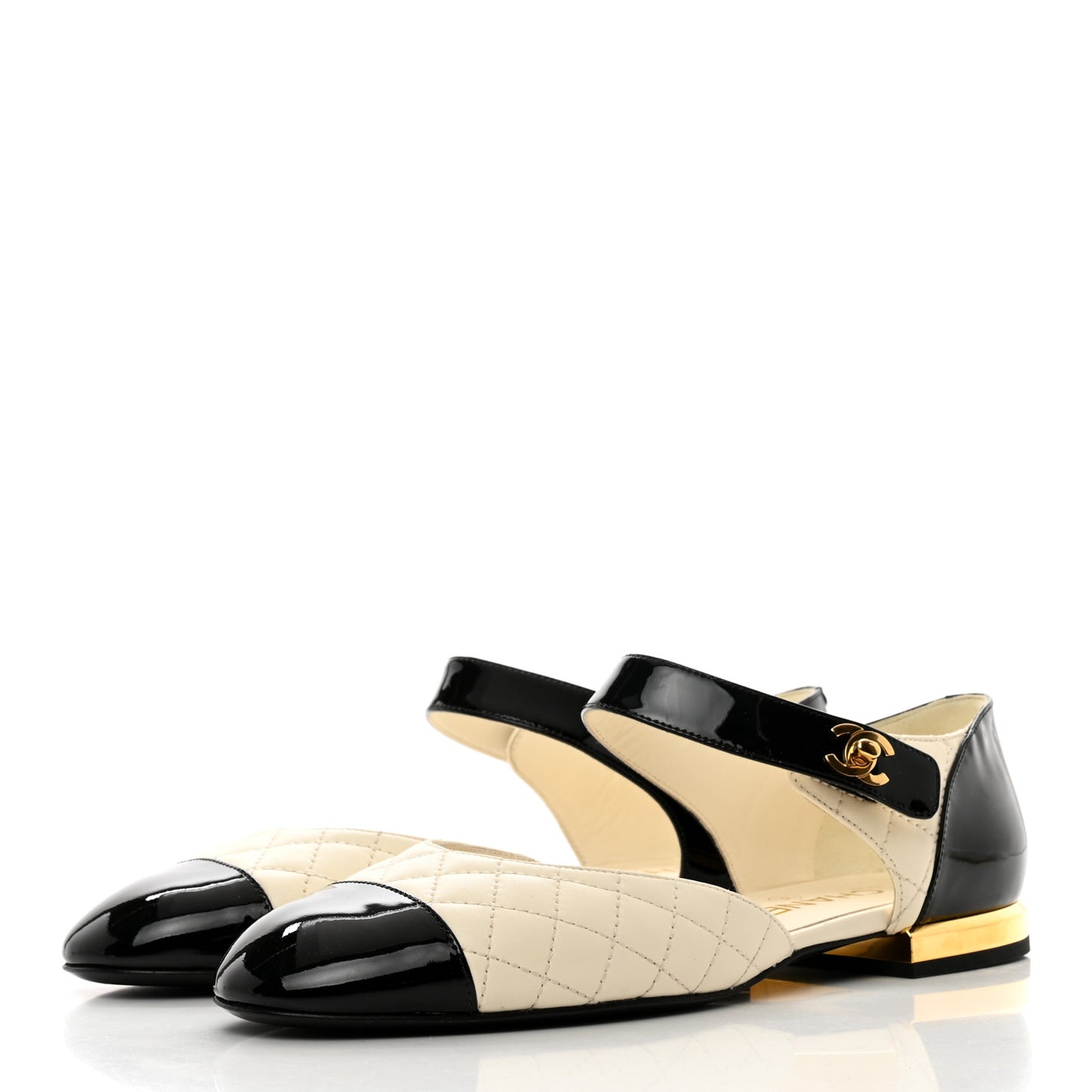 Patent Lambskin Quilted Cap Toe Ballerina Flats 37.5 Ivory Black 38 Ivory Black