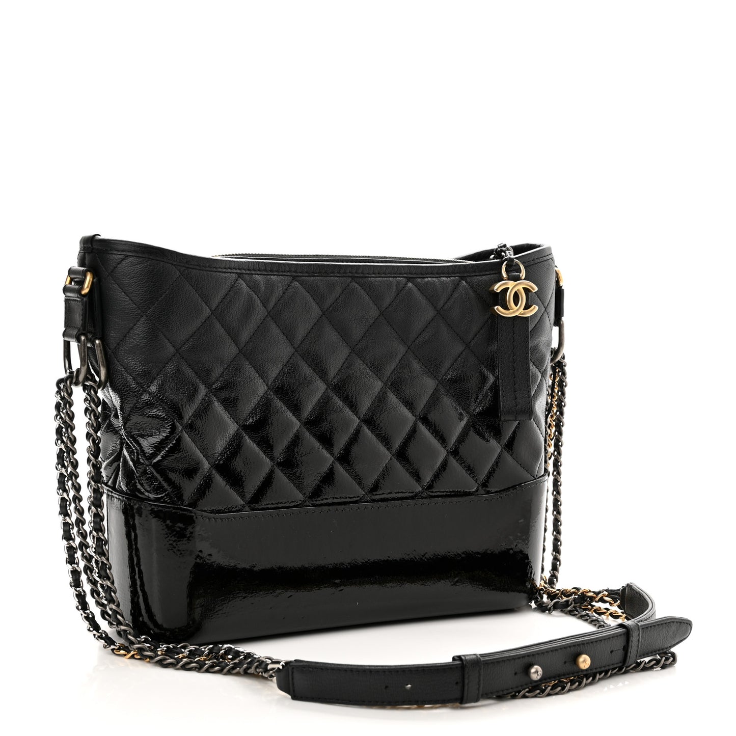 Patent Goatskin Quilted Medium Gabrielle Hobo Black