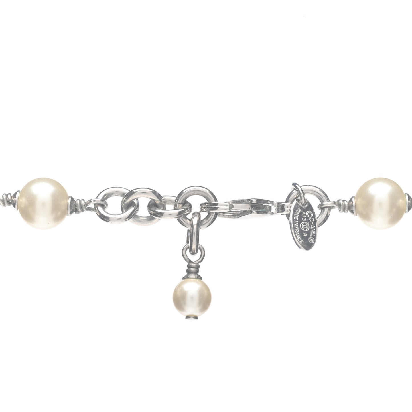 Crystal Pearl CC Long Necklace Silver
