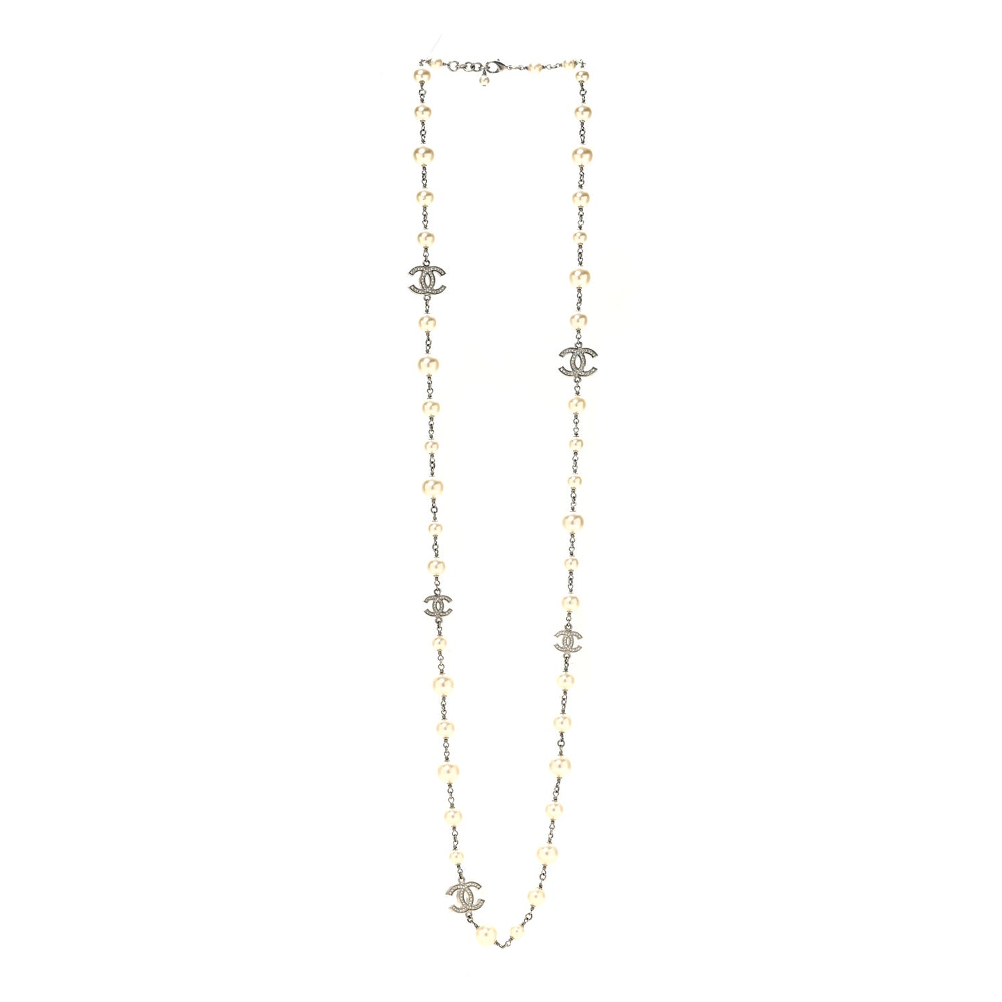 Graduated Pearl Crystal CC Long Necklace Silver