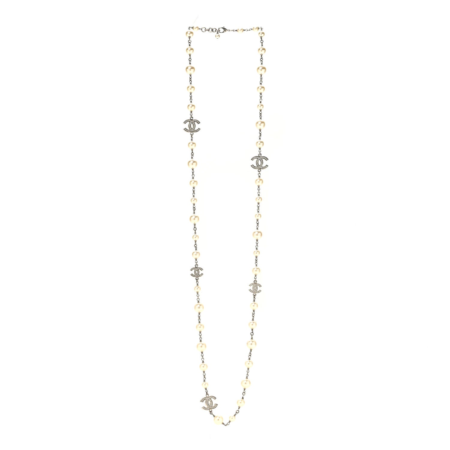 Chanel Graduated Pearl Crystal CC Long Necklace Silver 3 of 6