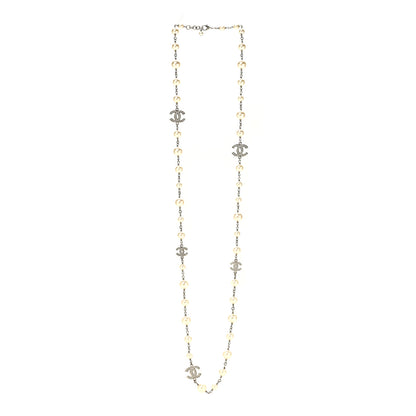 Chanel Graduated Pearl Crystal CC Long Necklace Silver 3 of 6