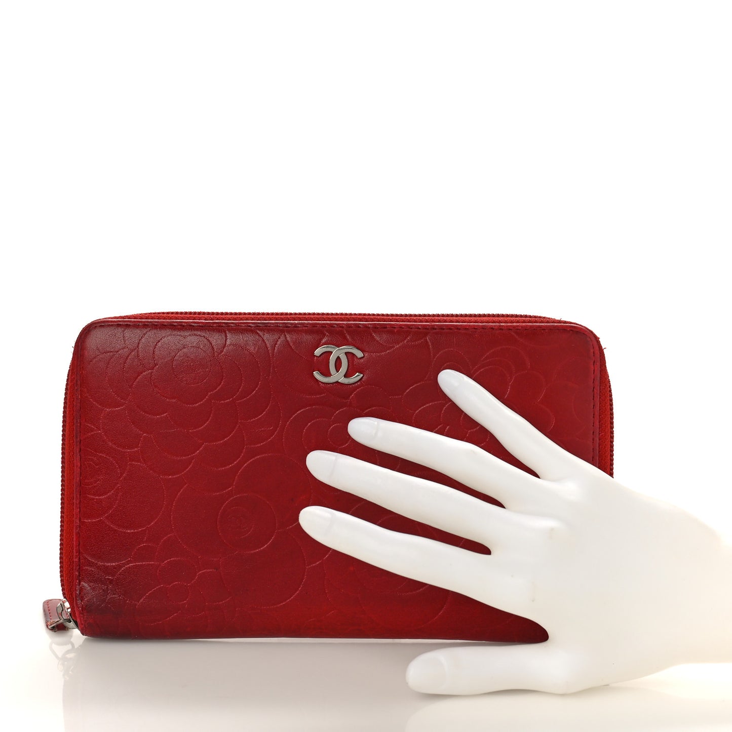Lambskin Camellia Embossed Zip Around Organizer Wallet Red