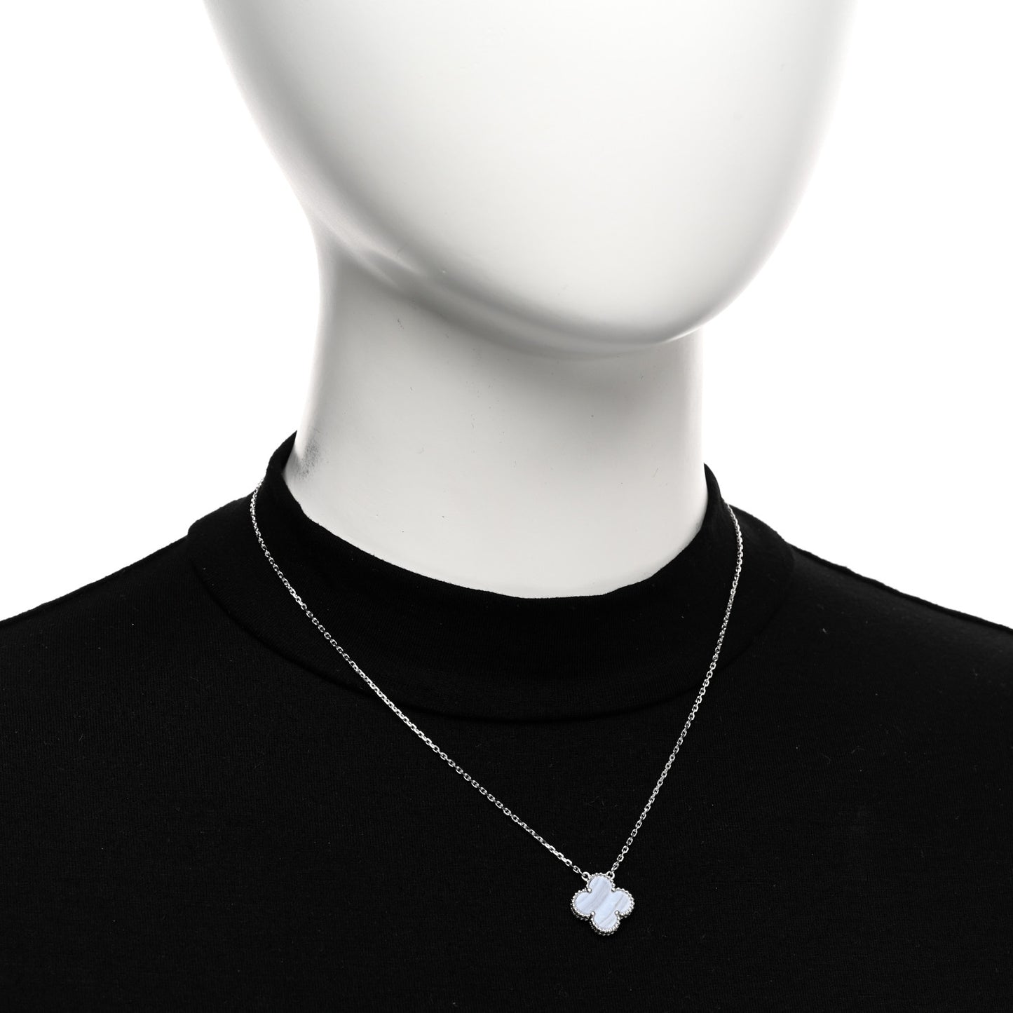 18K White Gold Chalcedony Vintage Alhambra Pendant Necklace