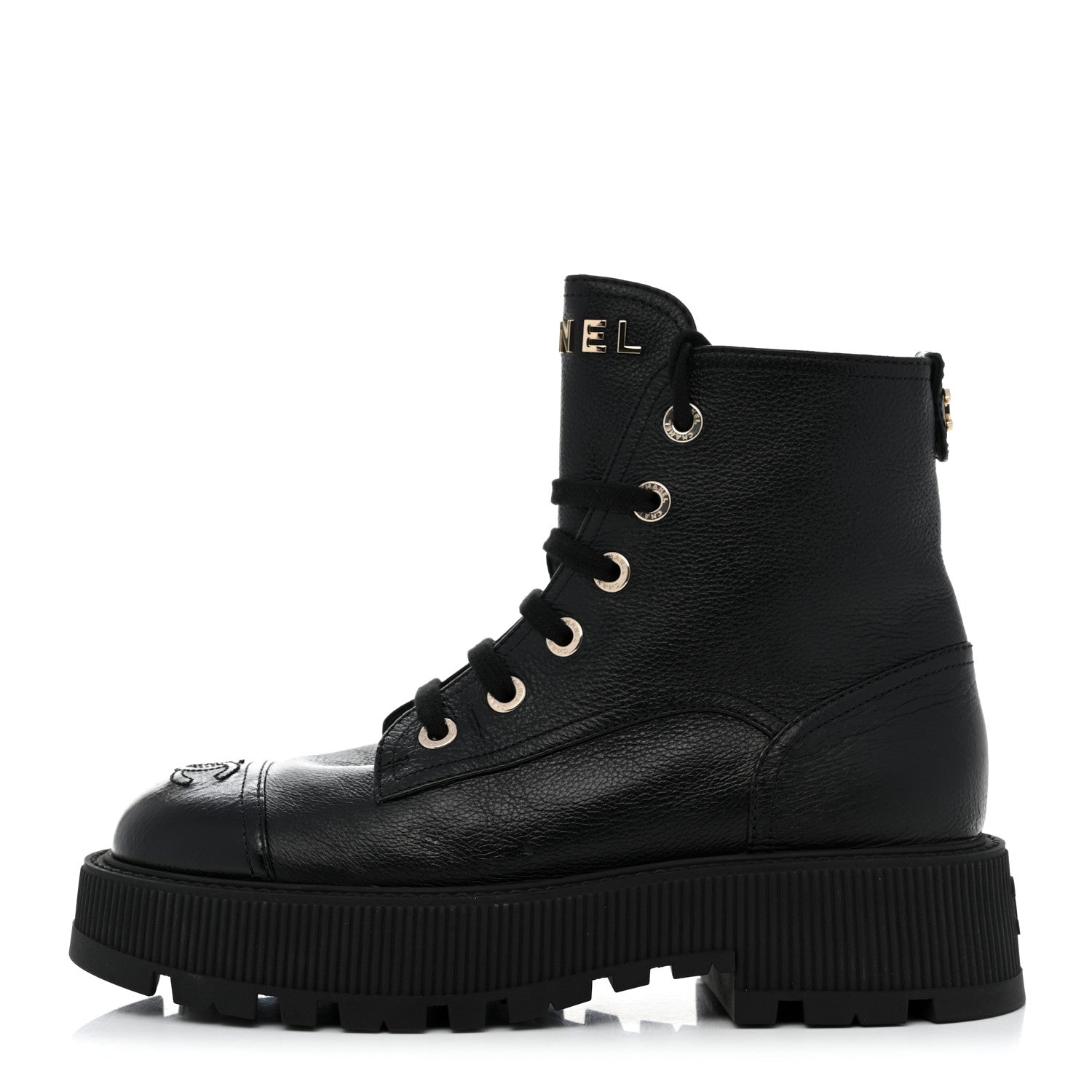Chanel Calfskin CC Lace Up Combat Boots 39.5 Black 1 of 8
