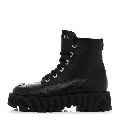 Chanel Calfskin CC Lace Up Combat Boots 39.5 Black 1 of 8