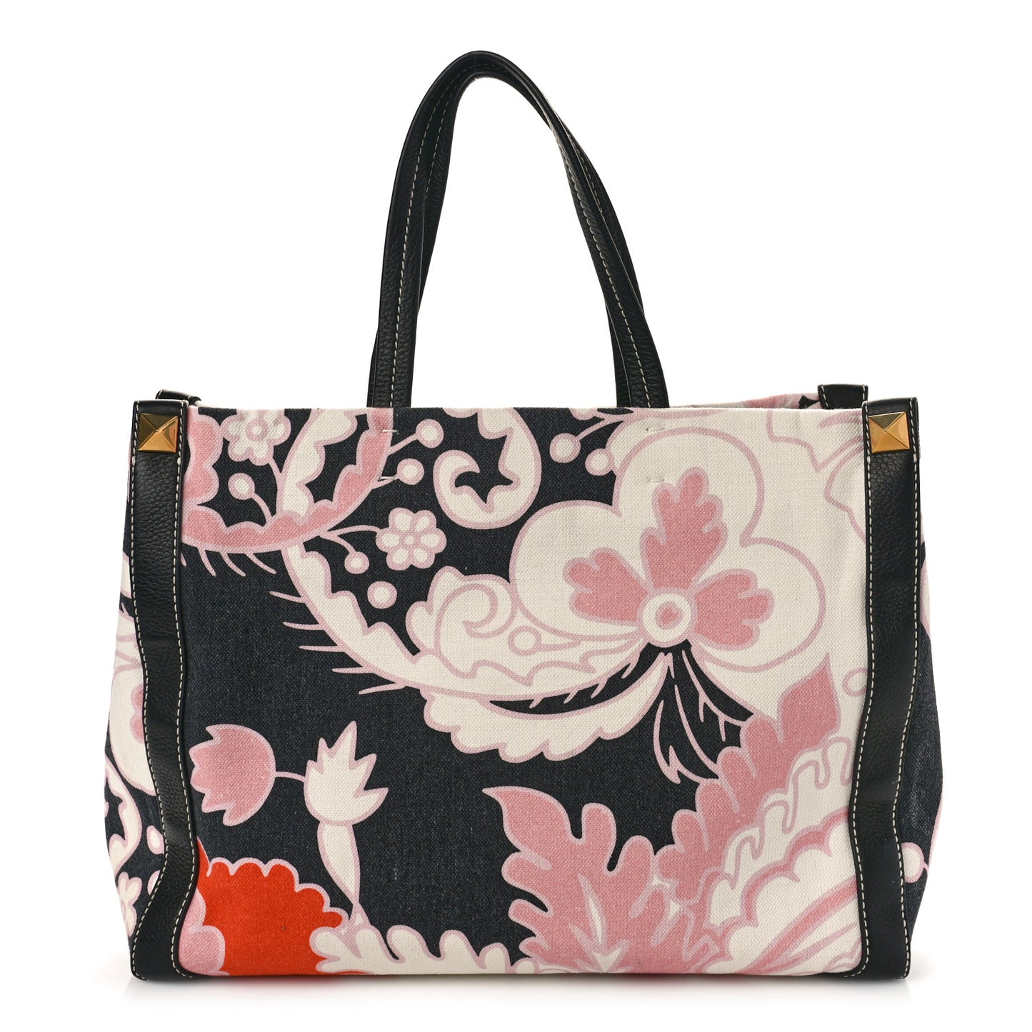 Canvas Calfskin Floral Print Tote Naturale Black