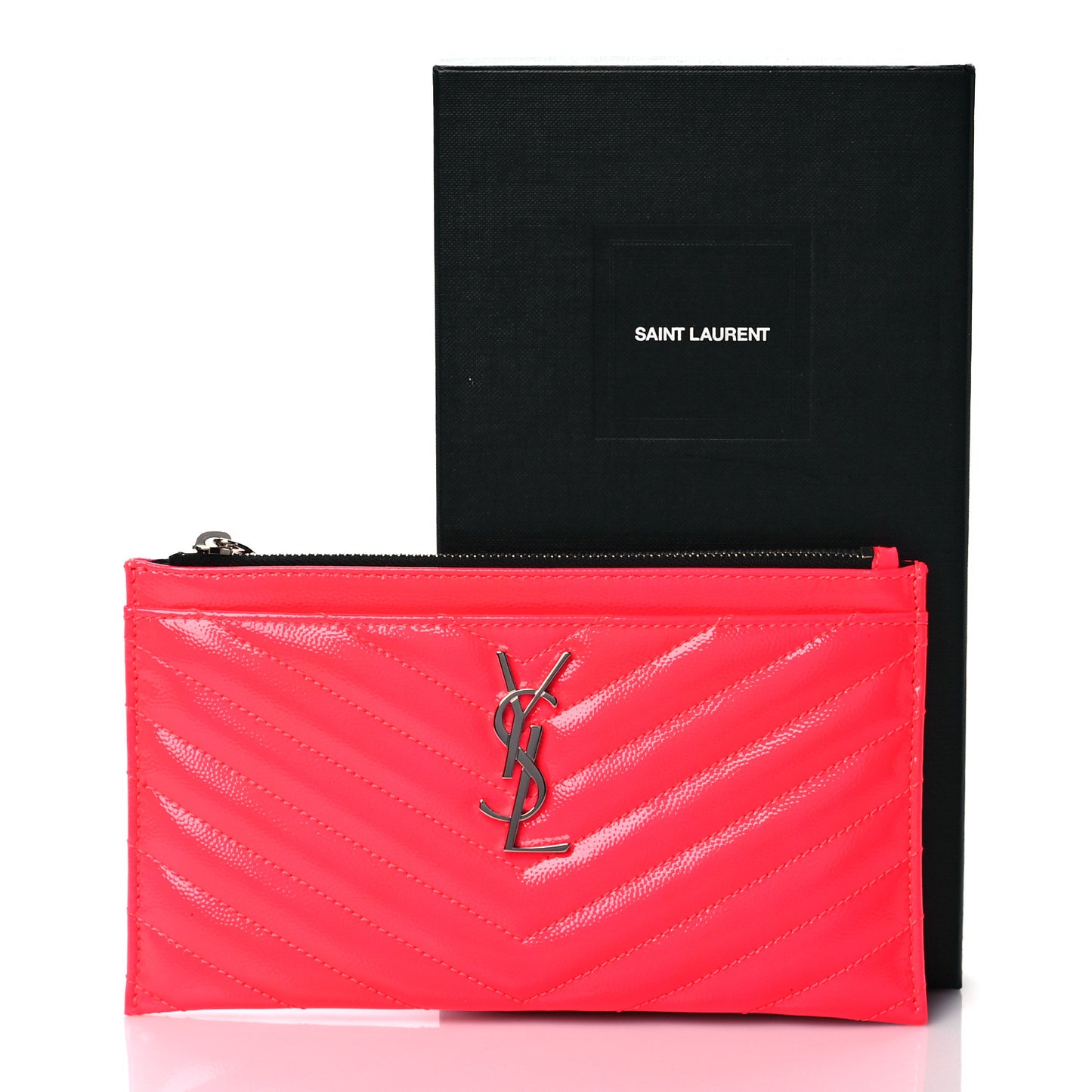 Patent Grain De Poudre Matelasse Chevron Monogram Bill Pouch Neon Pink