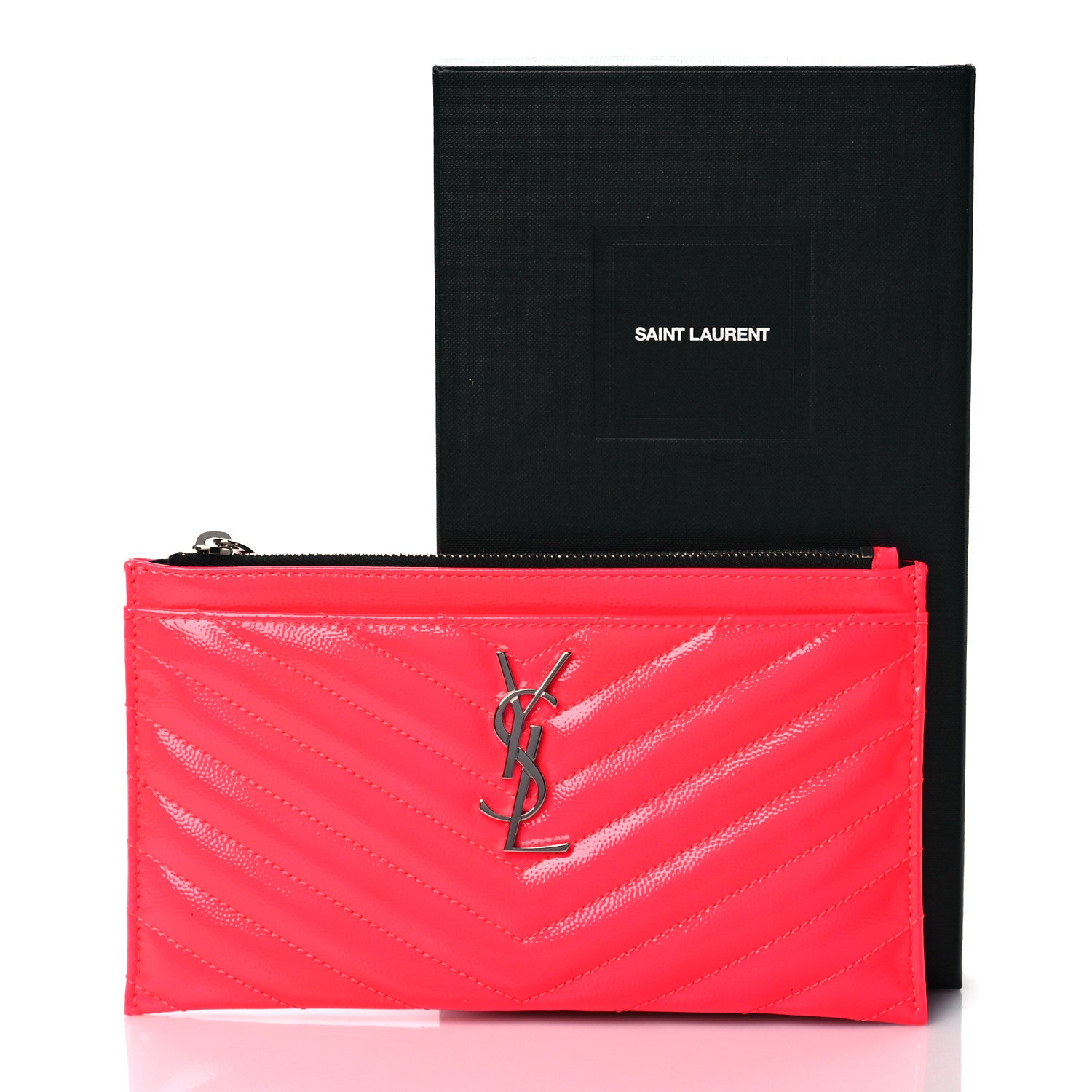 Saint Laurent Patent Grain De Poudre Matelasse Chevron Monogram Bill Pouch Neon Pink 11 of 11