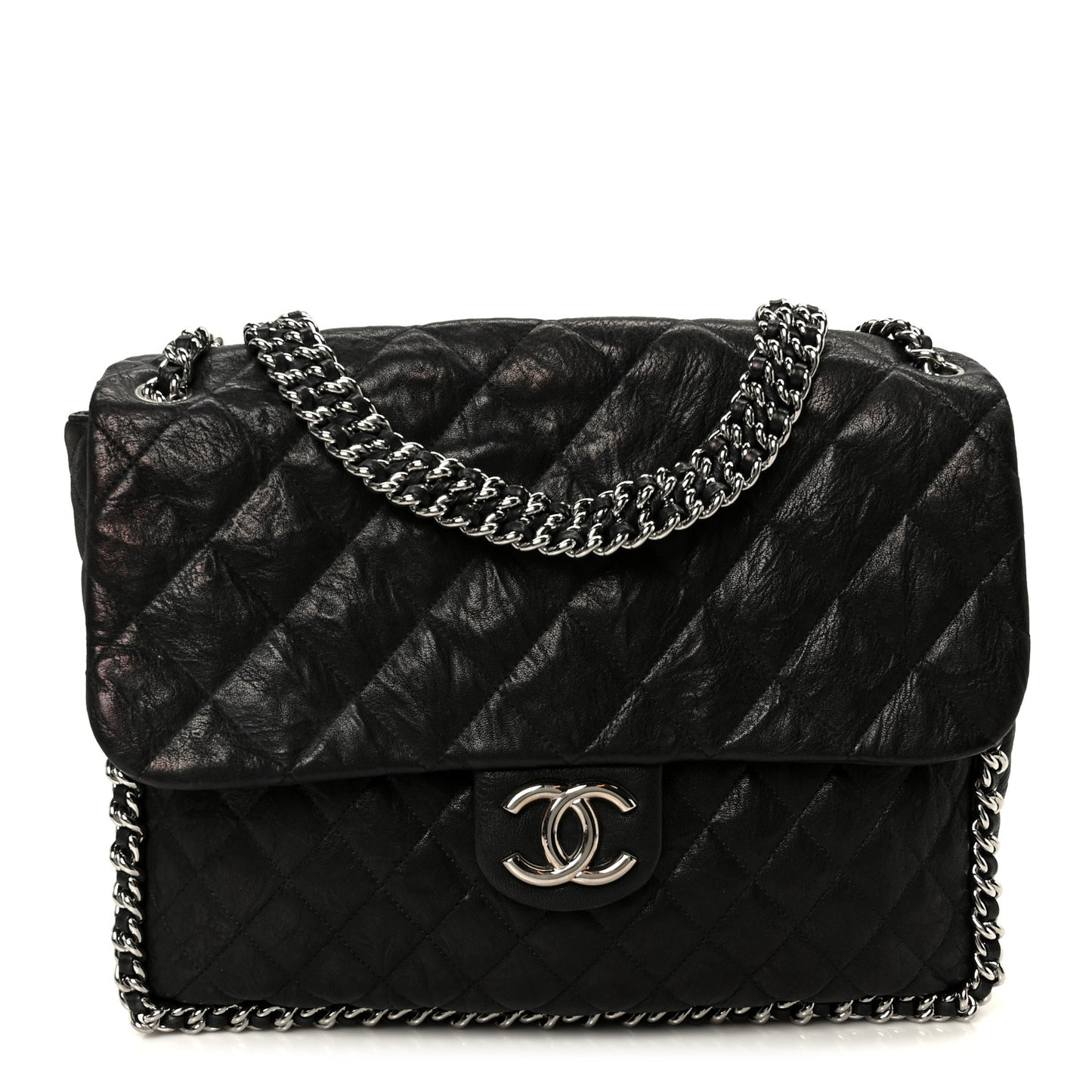 Washed Lambskin Quilted Maxi Chain Around Flap Black