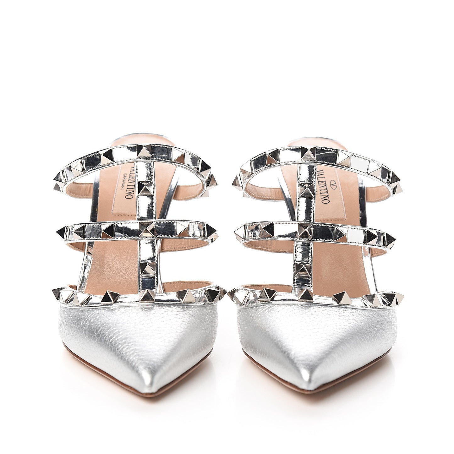 Metallic Pebbled Calfskin Rockstud 90mm Cage Mules 36 Silver