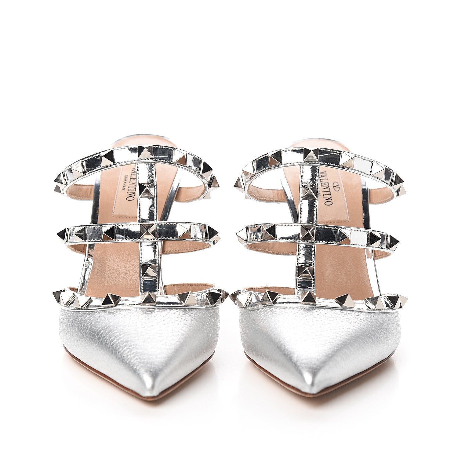 Valentino Garavani Metallic Pebbled Calfskin Rockstud 90mm Cage Mules 36 Silver 2 of 8