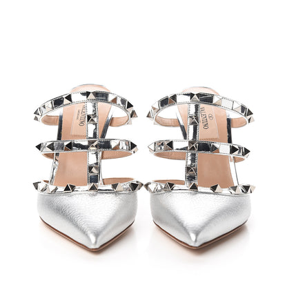 Valentino Garavani Metallic Pebbled Calfskin Rockstud 90mm Cage Mules 36 Silver 2 of 8