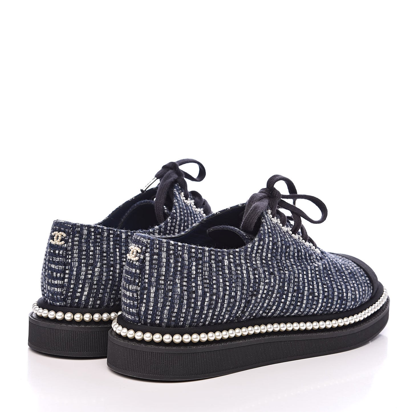 Tweed Grosgrain Pearl Lace Up Sneakers 38 Navy Black