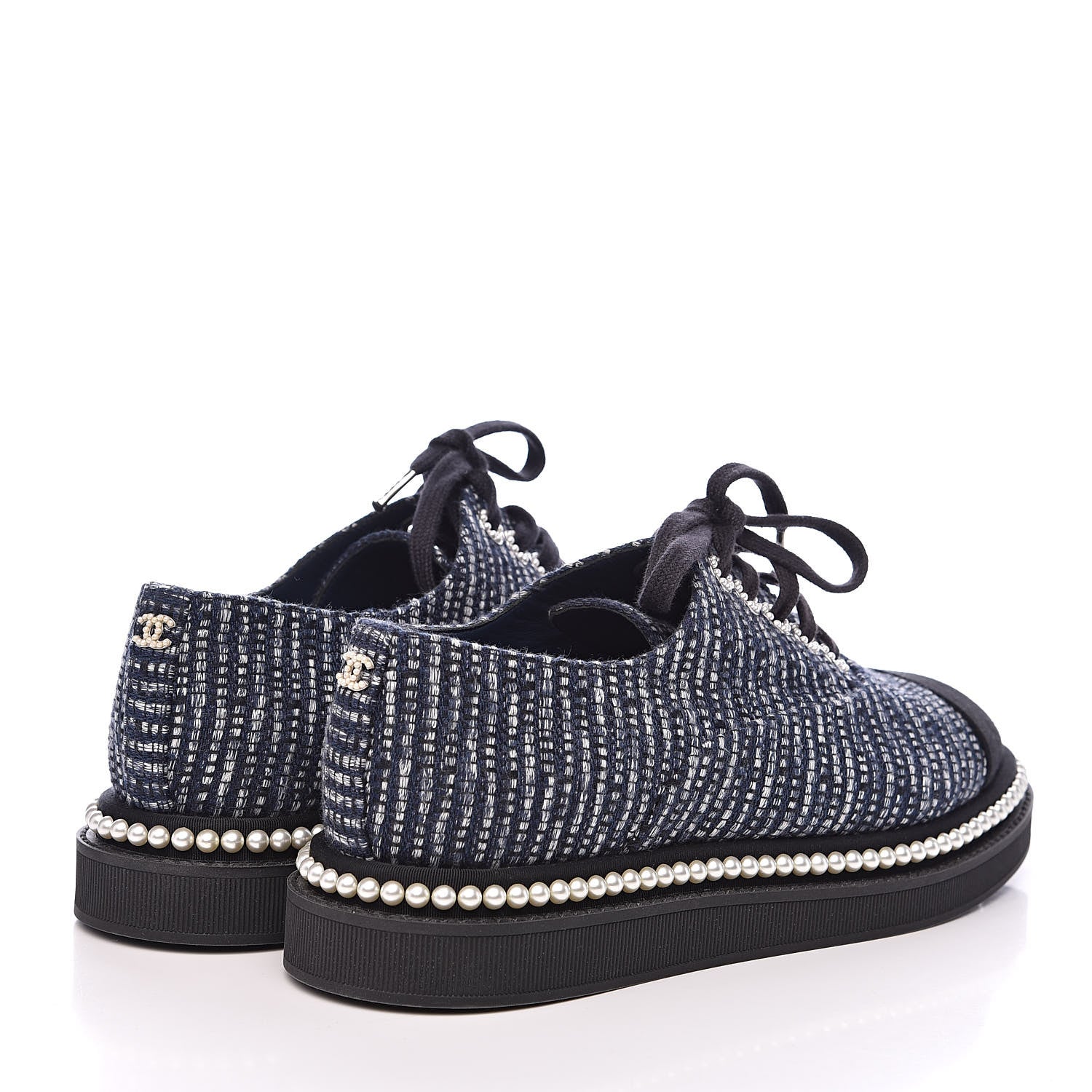 Chanel Tweed Grosgrain Pearl Lace Up Sneakers 38 Navy Black 4 of 9