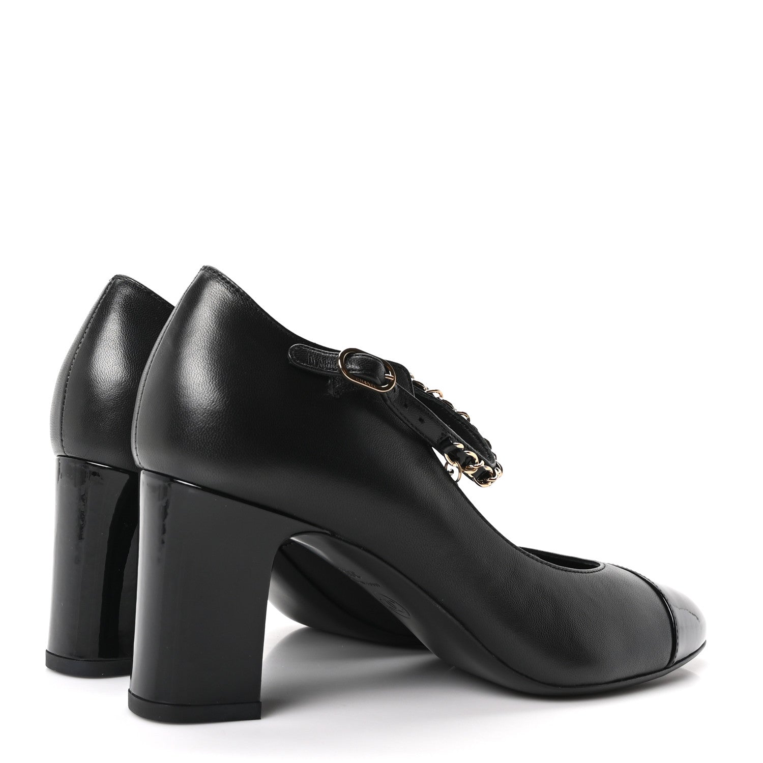 Chanel Shiny Lambskin Patent Calfskin Cap Toe Ankle Pearl Chain Pumps 39.5 Black 10 of 20