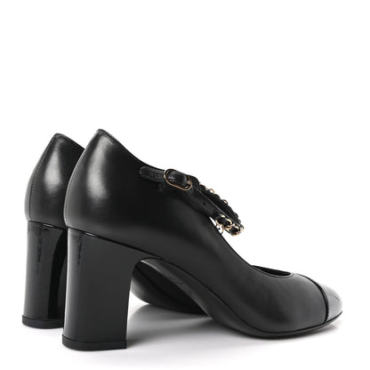 Chanel Shiny Lambskin Patent Calfskin Cap Toe Ankle Pearl Chain Pumps 39.5 Black 10 of 20