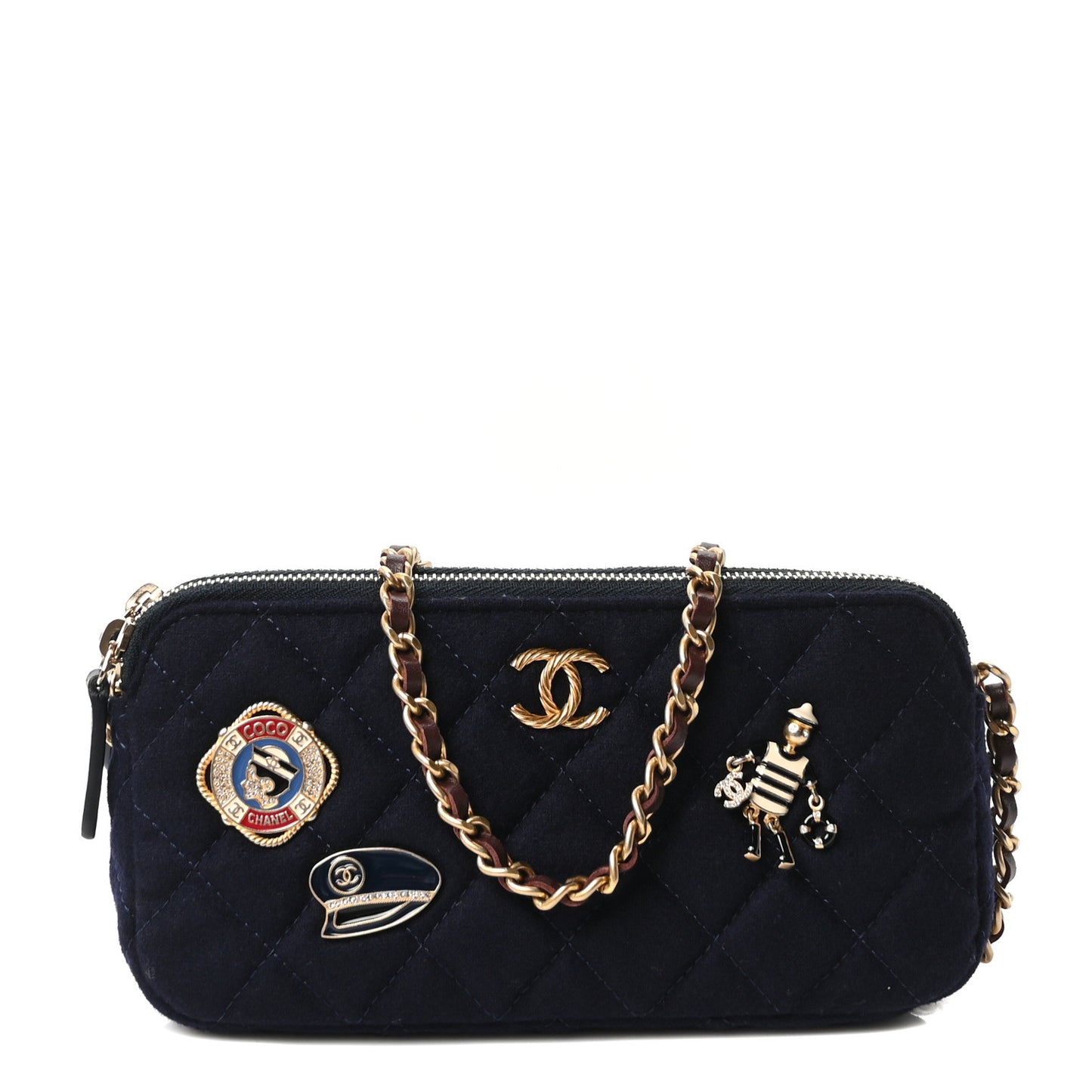Felt Quilted Paris-Hamburg Charms Small Clutch With Chain  Dark Navy