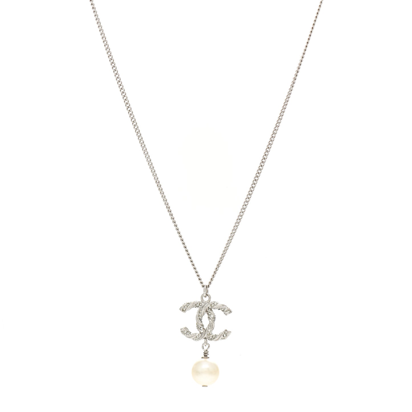 Baguette Crystal Pearl CC Lariat Necklace Silver