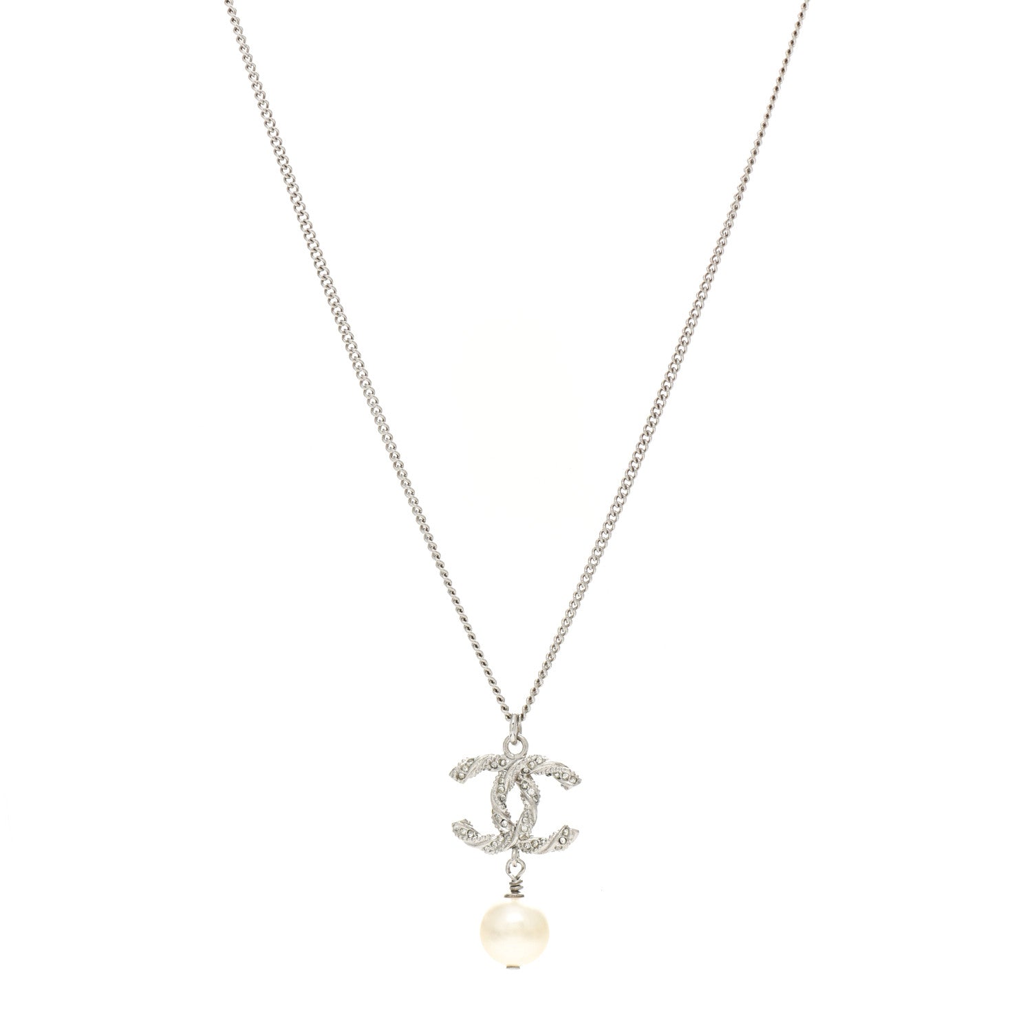 Chanel Baguette Crystal Pearl CC Lariat Necklace Silver 1 of 4