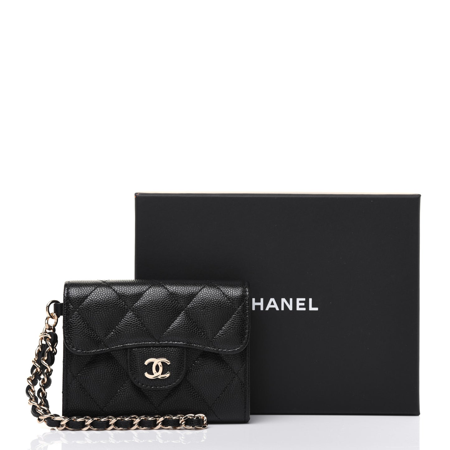 Caviar Quilted Flap Card Holder Chain Wristlet Black
