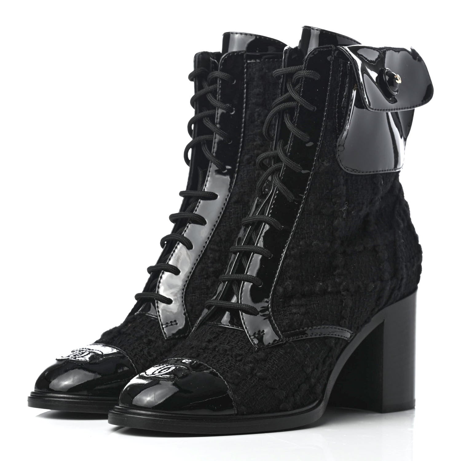Chanel Tweed Patent Calfskin Lace Up Short Boots 36 Black 3 of 10