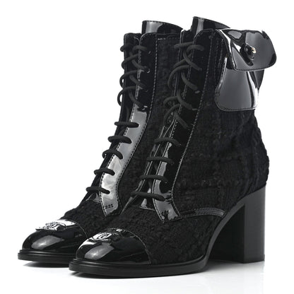 Chanel Tweed Patent Calfskin Lace Up Short Boots 36 Black 3 of 10