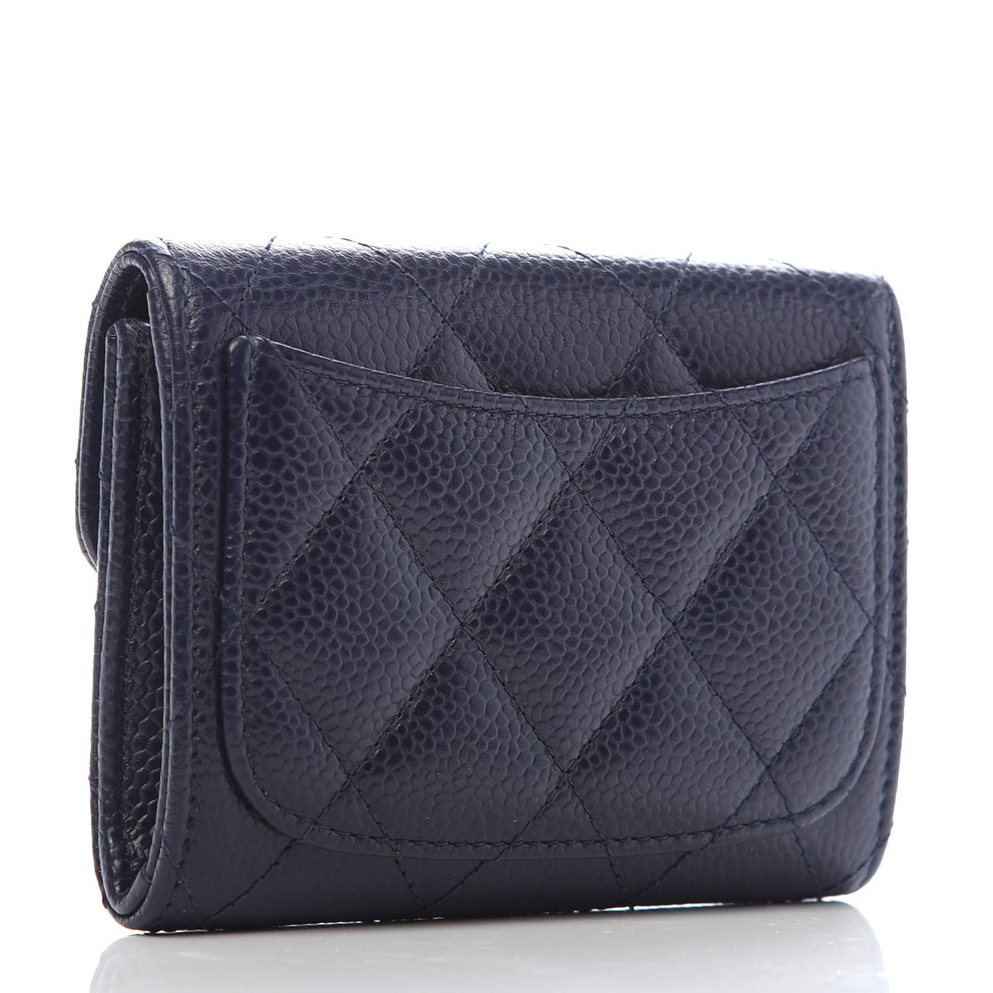 Caviar Quilted Flap Card Holder Wallet Navy Blue