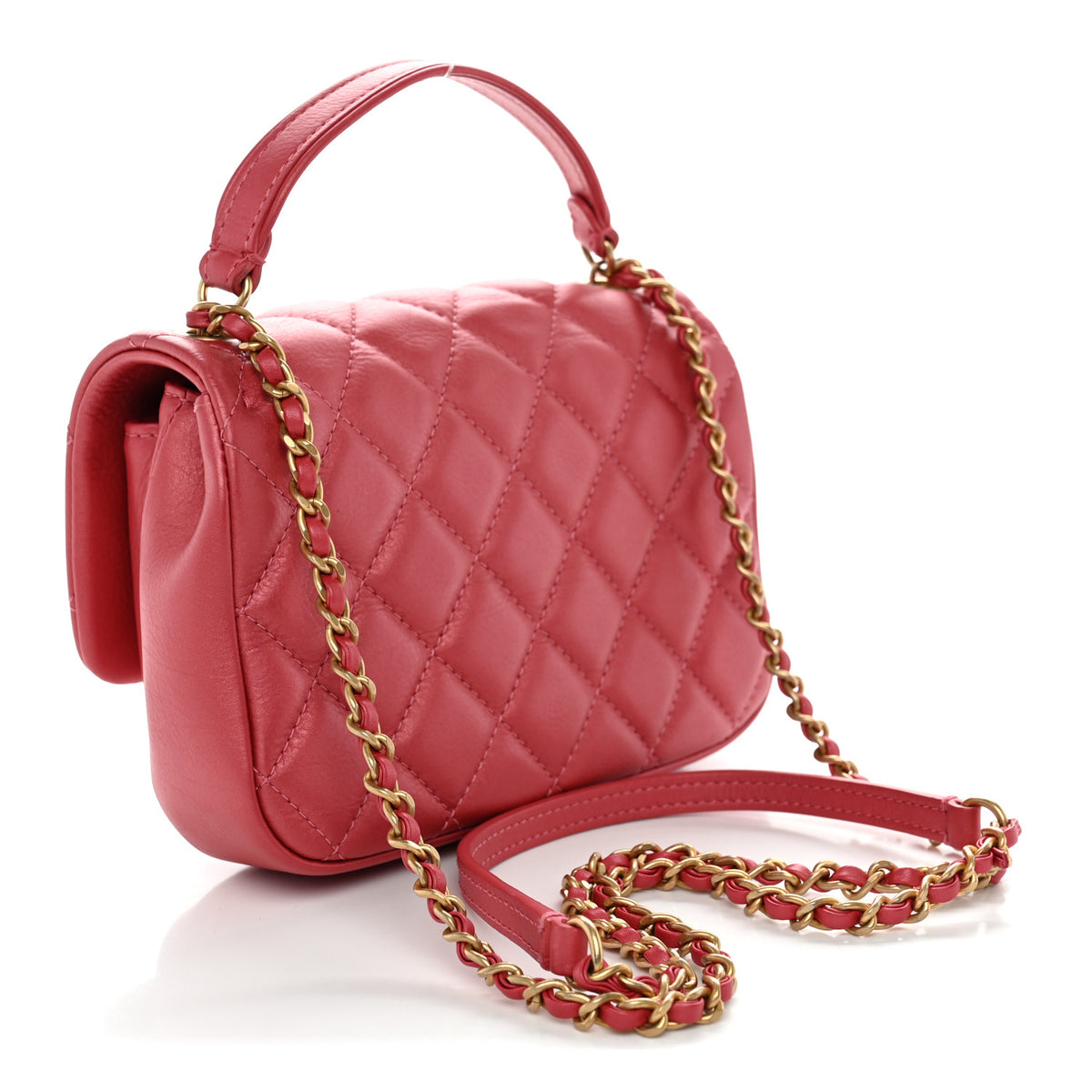 Metallic Calfskin Quilted Top Handle Flap Dark Pink