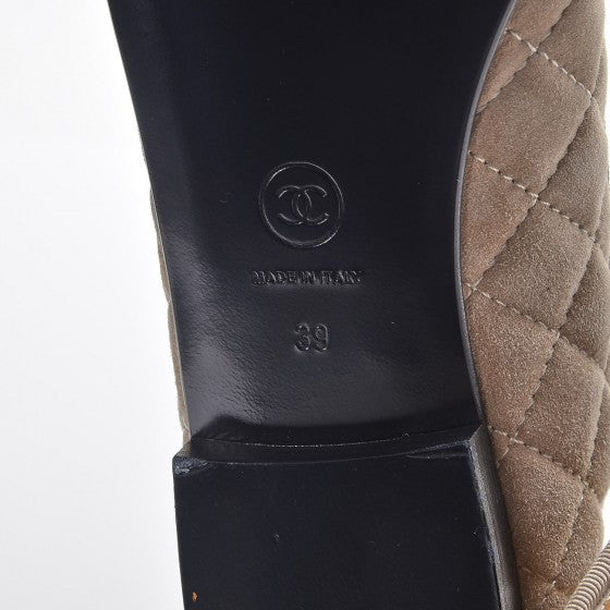 Chanel Suede Quilted Cap Toe CC Ballerina Flats 39 Dark Beige 6 of 10