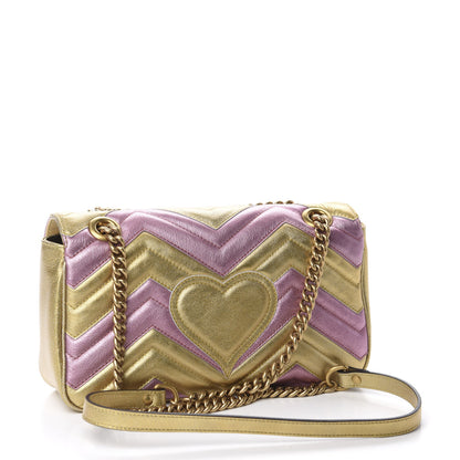 Gucci Metallic Calfskin Matelasse Small GG Marmont Shoulder Bag Gold Pink 3 of 10