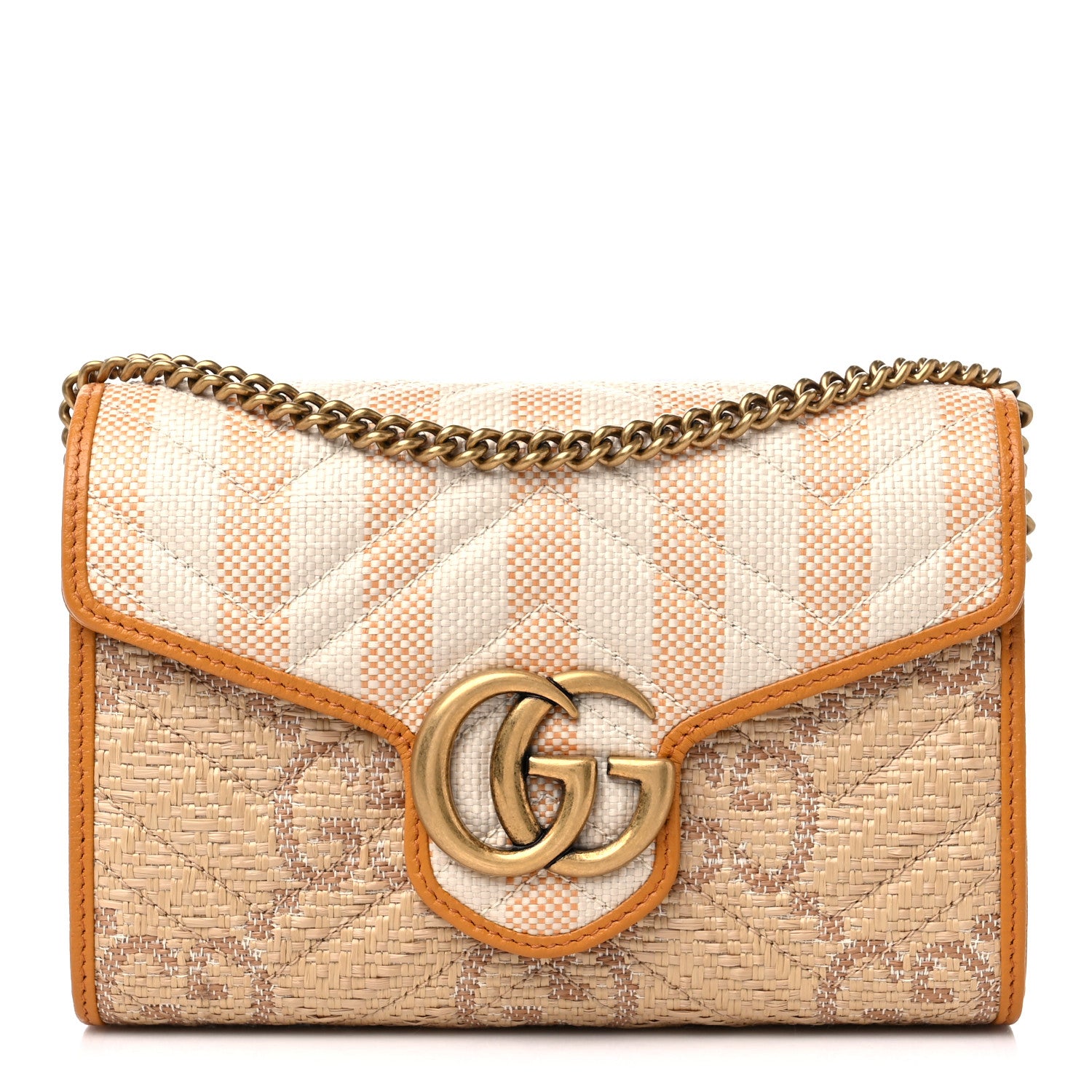 Gucci Raffia GG Monogram Matelasse GG Marmont Chain Wallet Natural Beige Off White Sun Oil 1 of 9